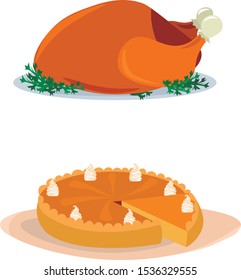 Set for thanksgiving. roast Turkey with herbs, delicious pumpkin pie. objects for design of postcards, flyers, posters