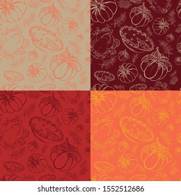 Set of Thanksgiving seamless pattern in autumn coloures. Hand drawn vector illustration in vintage style. Painted pumpkings, pie, turkey, rowanberry, leaves, corn. for wrapping paper, wallpaper.