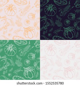 Set of  thanksgiving seamless patterns. Vector ilustration in hand drawn style. For wrapping paper, wallpaper, fabric pattern, backdrop, print, gift wrap, cover of notebook, envelope. Pumpking, turkey