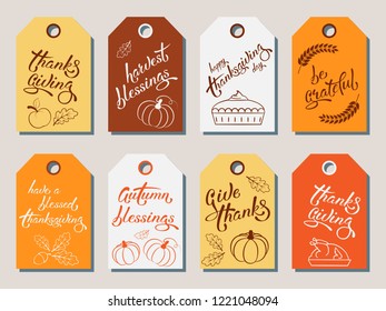 Set of thanksgiving tags for holiday design with lettering, pumpkins, pumpkin pie, turkey, wheat ears and oak leaves. EPS 8