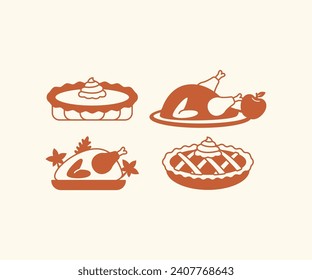 set of thanksgiving turkey food and pumpkin pie icons vector icon design illustration collections 