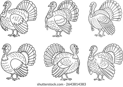 Set of Thanksgiving Turkey Line Art Vectors – Festive Holiday Bird Illustrations Collection
