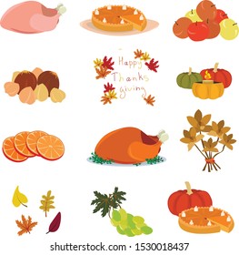 set for thanksgiving. Turkey, oranges, pie, pumpkin, apples, nuts, candles, leaves, grapes, flowers. objects for design of postcards, flyers, posters