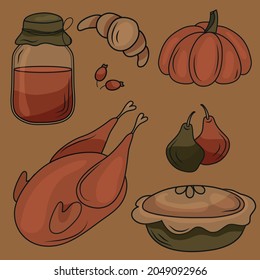 A Set For Thanksgiving. Turkey, Pumpkin Pie, Cranberry Jam, Pears, Croissant, Pumpkin. The Recipe For A Delicious Pie. Happy Thanksgiving. National Holiday. Autumn. Food. Ingredients For Cooking.