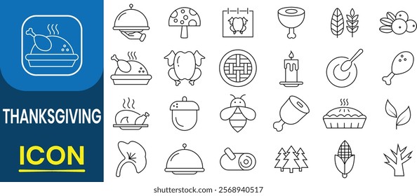 Set of Thanksgiving vector, icon. Contains such icon autumn, food, drink, celebration, Pilgrims, decorations, farming, gifts, nature, produce. Holiday diner vector illustration.