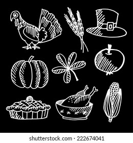 Set of thanksgiving white chalk sketches on blackboard, vector isolated objects