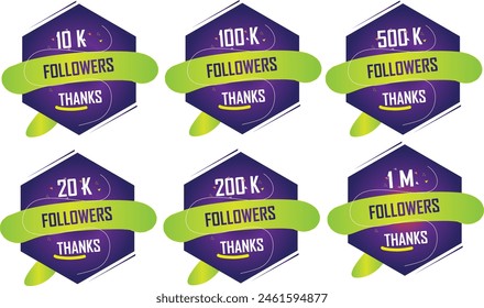 A set of thank-you followers label badge with purple gradient and green color theme. 10K, 20K, 100K, 200k, 500K, 1M, followers. Vector greeting artwork isolated on a white background.