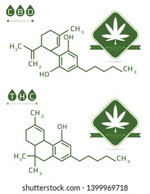 Set of Thc and cbd formula. Cannabidiol and tetrahydrocannabinol molecule structure compound. Medical marijuana molecules vector illustration