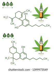 Set of Thc and cbd formula. Cannabidiol and tetrahydrocannabinol molecule structure compound. Medical marijuana molecules vector illustration