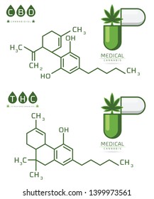 Set of Thc and cbd formula. Cannabidiol and tetrahydrocannabinol molecule structure compound. Medical marijuana molecules vector illustration
