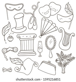 Set of theater doodles. Concert hall objects in outline. Easy to change colors.