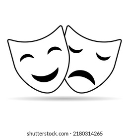 Set Of Theater Face Mask Icon Shadow, Emotion Actor Comedy And Drama Symbol, Festival Sign Vector Illustration .