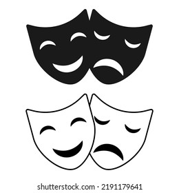 Set Of Theater Face Mask Icon, Emotion Actor Comedy And Drama Symbol, Festival Sign Vector Illustration .