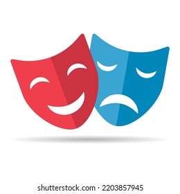 Set Of Theater Face Mask Icon Shadow, Emotion Actor Comedy And Drama Symbol, Festival Sign Vector Illustration .