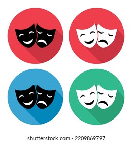 Set Of Theater Face Mask Icon Shadow, Emotion Actor Comedy And Drama Symbol, Festival Sign Vector Illustration .