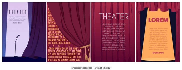 Set of theater flyers. Posters with curtains in different colors and positions with a separate text area, ideal for advertising concerts and various events. Vector illustration in flat style.