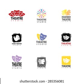 Set Of Theater Studio Logo Design Elements With Hand And Mask