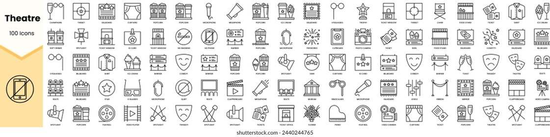 Set of theatre icons. Simple line art style icons pack. Vector illustration