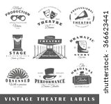 Set of theatre labels. Elements for design on the theatre theme. Collection of theatre symbols: mask, ticket, binocular. Modern labels of theatre. Emblems and logos of theatre. Vector illustration
