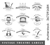 Set of theatre labels. Elements for design on the theatre theme. Collection of theatre symbols: stage, mask, curtain. Modern labels of theatre. Emblems and logos of theatre. Vector illustration