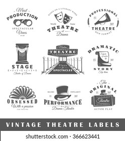 Set of theatre labels. Elements for design on the theatre theme. Collection of theatre symbols: mask, ticket, binocular. Modern labels of theatre. Emblems and logos of theatre. Vector illustration