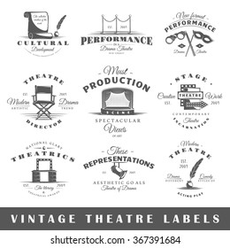 Set of theatre labels. Elements for design on the theatre theme. Collection of theatre symbols: stage, mask, curtain. Modern labels of theatre. Emblems and logos of theatre. Vector illustration