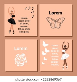 Set of theatre ticket design. Ballet flyer template. Ballerina silhouette in the tutu and pointe shoe with butterfly and flower. Brown card design with copy space text. Vector illustration