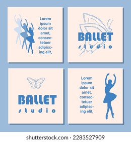 Set of theatre ticket design. Ballet school flyer template. Ballerina silhouette in the tutu and pointe shoe with butterfly. Blue card design with copy space text. Vector illustration