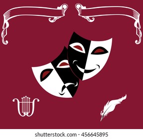 Set of theatrical icons: masks,lyre,feather,scrolls