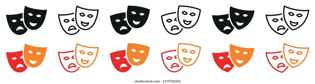 Set of theatrical masks icons. Comedy and tragedy masks, happy and unhappy masks. Masquerade vector icons.