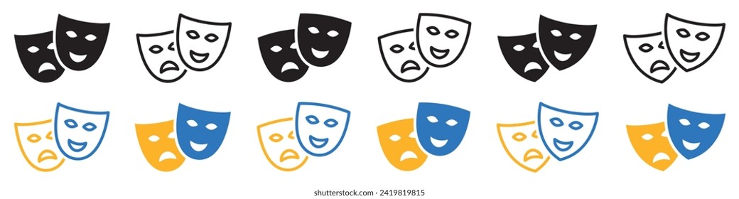 Set of theatrical masks icons. Comedy and tragedy masks, happy and unhappy masks. Masquerade vector icons.