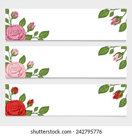 Set of thee banners with red and pink roses.