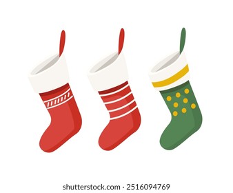 Conjunto de la media de las Navidades. Decoraciones de Navidad verdes y rojas. Patrón de invierno en calcetines. Estilo isométrico. Ilustración vectorial aislada sobre fondo blanco
