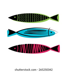 Set of thee colored fishes on white background. Vector illustration.