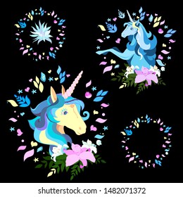 A set of their design elements. Flowers and leaves on black background. Unicorn is a fantastic animal