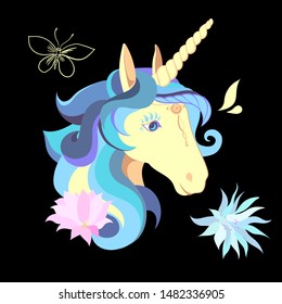 A set of their design elements. Flowers and leaves on black background. Unicorn is a fantastic animal