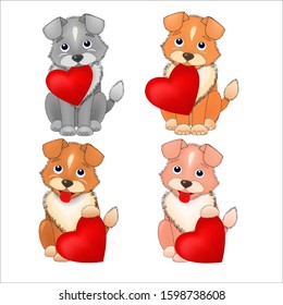 Set of their four cute puppies for declaration of love for Valentine's Day, Women's Day, birthday, holding a heart, isolated images