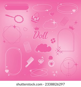 Set of thematic graphic elements in dolls style. Frames and elements in pink colors for social networks. Frames, stars, things for doll. Doll concept. 