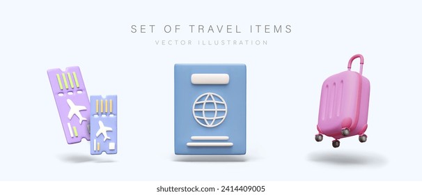 Set of thematic items, icons for travel. Realistic plane tickets, international passport, pink plastic suitcase. Modern tourist accessories. Color illustrations for travel agency, website