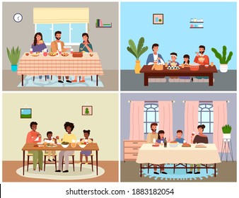 Set of theme of people having family dinner in traditional styles of countries of world. Cartoon characters in national costumes taste dishes vector illustration. Family gathering around dining table