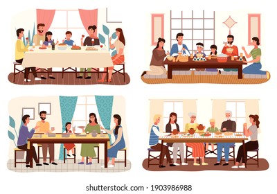 Set of theme of people having family dinner in traditional styles of countries of world. Cartoon characters in national costumes taste dishes vector illustration. Family gathering around dining table