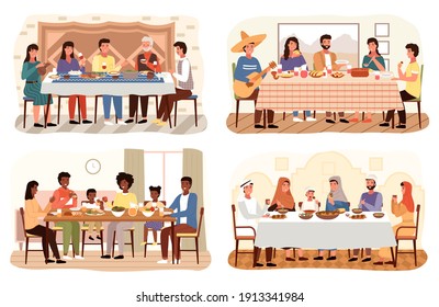 Set of theme of people having family dinner in traditional styles of countries of world. Cartoon characters in national costumes taste dishes vector illustration. Family gathering around dining table