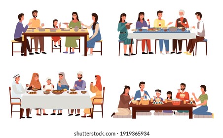 Set of theme of people having family dinner in traditional styles of countries of world. Cartoon characters in national costumes taste dishes vector illustration. Family gathering around dining table