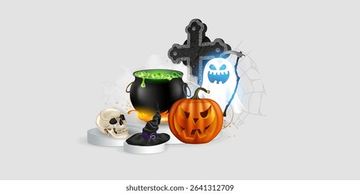 A set of themed decorative elements for Halloween design. a cross, a gravestone, a candle, a skull, a pumpkin, a magic cauldron with a potion.ghost