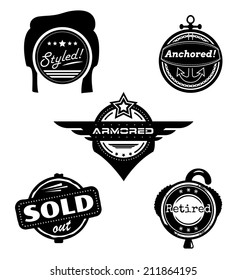 Set of themed vector badges styled retired armored sold anchored