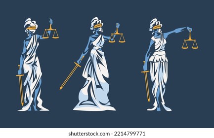 Set of Themis, goddess of order and justic with scales and sword vector illustration