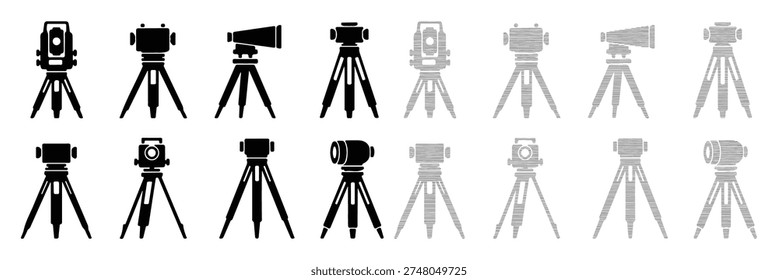 Set of theodolite and total station devices on tripods, graphic representations
