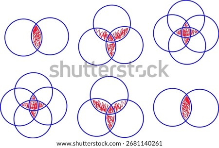 Set theory illustration with overlapping blue circles and shaded red intersections, visualizing Venn diagrams and logic concepts, perfect for math, data, and education use.
