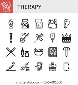 Set of therapy icons such as Incense burner, Facial mask, Aromatherapy, Aroma, Sauna, Otoplasty, Crutch, Incense, Cannula, Intravenous saline drip, Acupuncture, Syringe , therapy