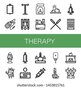 Set of therapy icons such as Iv bag, Serum, Iv pole, Inversion therapy, Aroma, Sauna, Lithotherapy, Acupuncture, Syringe, Needle, Facial mask, Facial treatment, Thalassotherapy , therapy